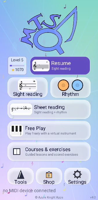 The MT Sound Quest home screen: a level and points badge, the Resume card, the Sight reading and Rhythm tiles, Sheet reading, Free Play, Courses and exercises, and a row of Tools, Shop and Settings.