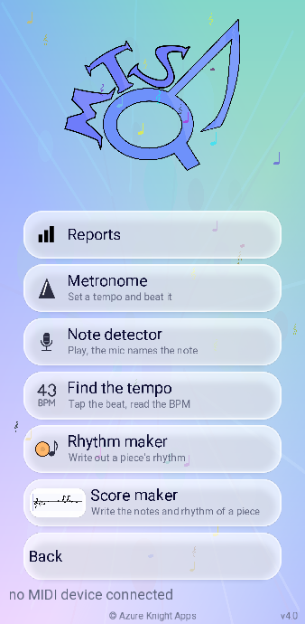 The Tools menu: Reports, Metronome, Note detector, Find the tempo, Rhythm maker, Score maker and Back, with the MIDI line at the bottom of the screen.